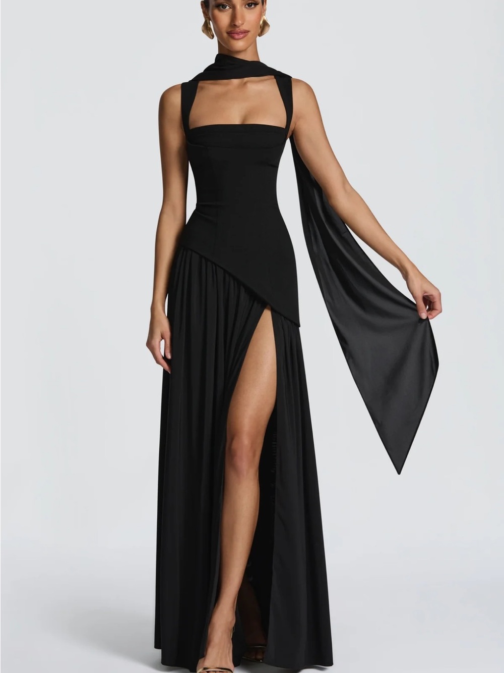 Elegant Black Maxi Dress with Draped Scarf